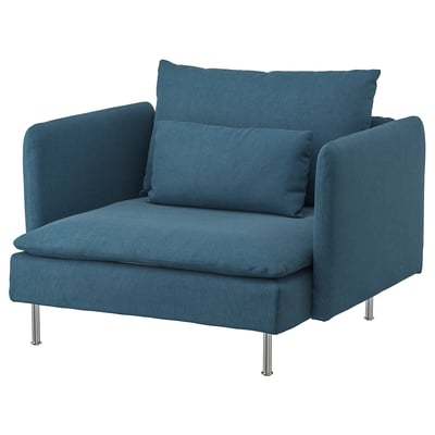 Modern blue chic chair, deep seat, chrome legs, minimalist design.
