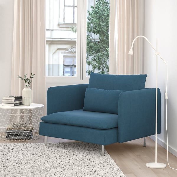 SÖDERHAMN blue chair, contemporary design, fits small spaces, with back cushions, near window, stylish decor.