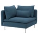 Blue modern sofa chair with two pillows, sleek design, metal legs.