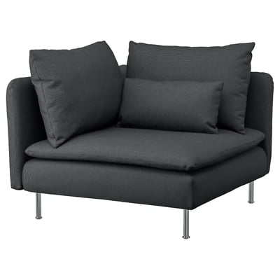 A black SÖDERHAMN armchair with a textured fabric, featuring cylindrical legs and two matching throw pillows.