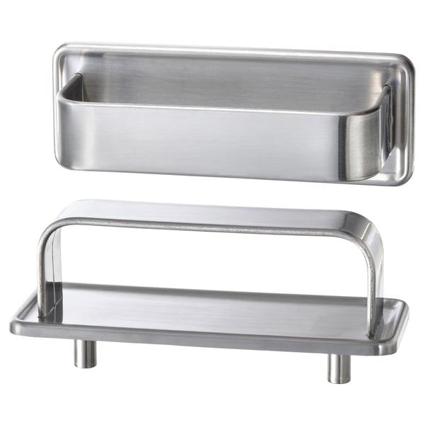 Two stainless steel kitchen accessories: a long rectangular handle and a small tray with two legs, designed for a modern yet retro look.