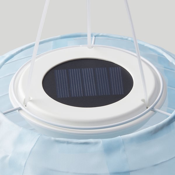 Solar-powered hanging lamp with white frame and blue shade.