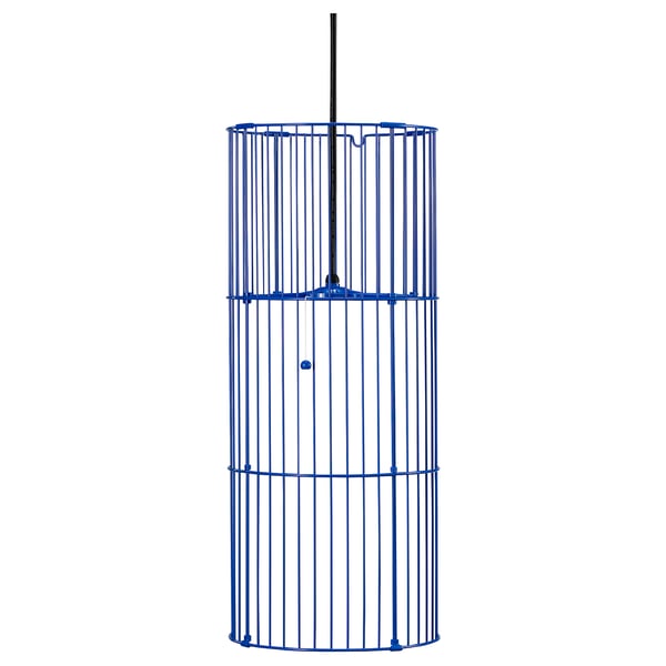 Blue wireframe floor/ceiling lamp, cylindrical shape, simple design.