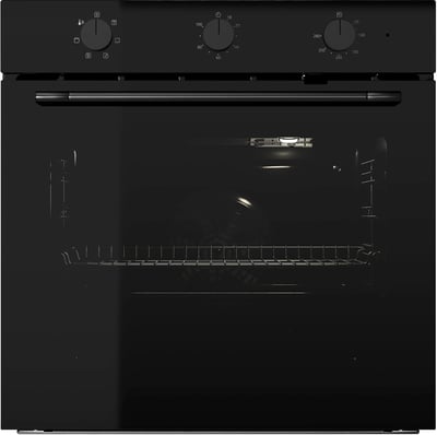 Black built-in oven with smoked glass door, sleek design, even heat distribution.
