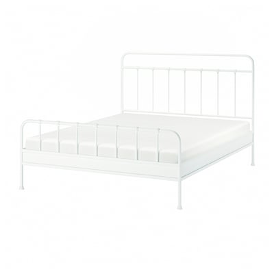 Depicts a STJÄRNÖ bed frame in white. It a classic design with curved headboard and footboard, made of powder-coated steel.
