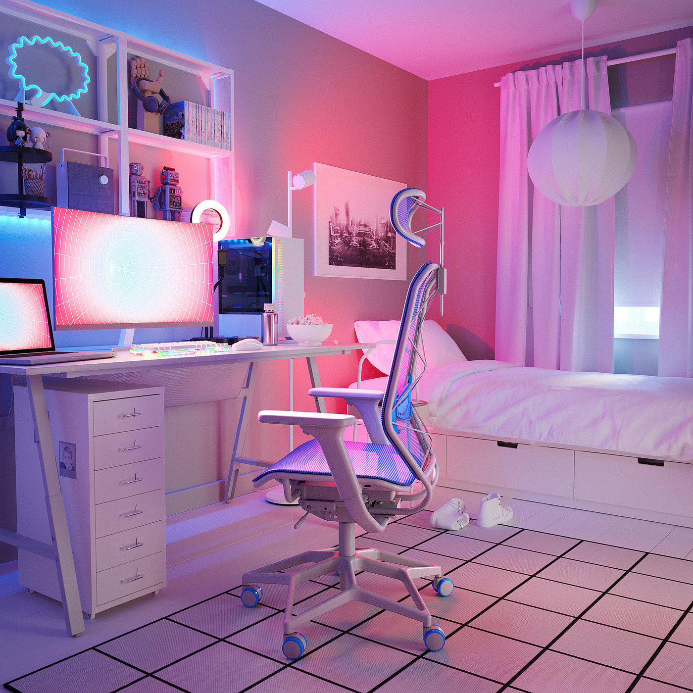 Neon-lit bedroom with white desk, chair, and bed. Computer, decor, and vibrant lights.