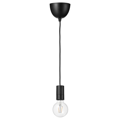 Black pendant lamp with exposed bulb.