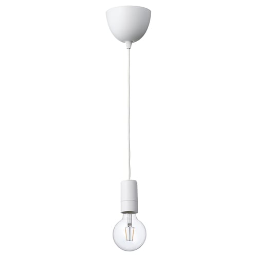 A SUNNEBY pendant lamp with a white shade and cord. It includes an led bulb with a visible filament.