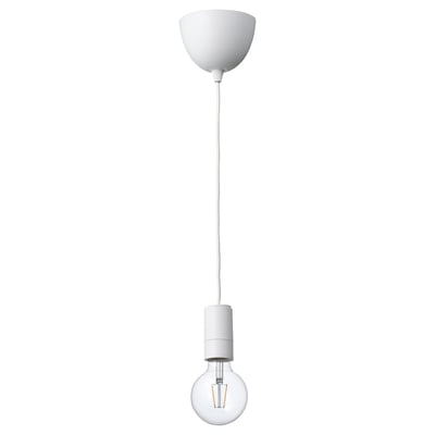 A SUNNEBY pendant lamp with a white shade and cord. It includes an led bulb with a visible filament.