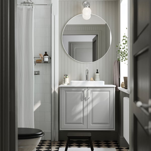 TÄNNFORSEN / ORRSJÖN Wash-stnd w doors/wash-basin, light grey/white marble effect, 82x49x71 cm
