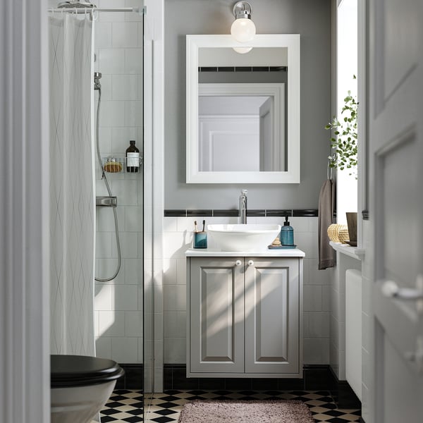 TÄNNFORSEN / VÄSTERSJÖN Wash-stnd w doors/wash-basin, light grey/white marble effect, 62x49x79 cm