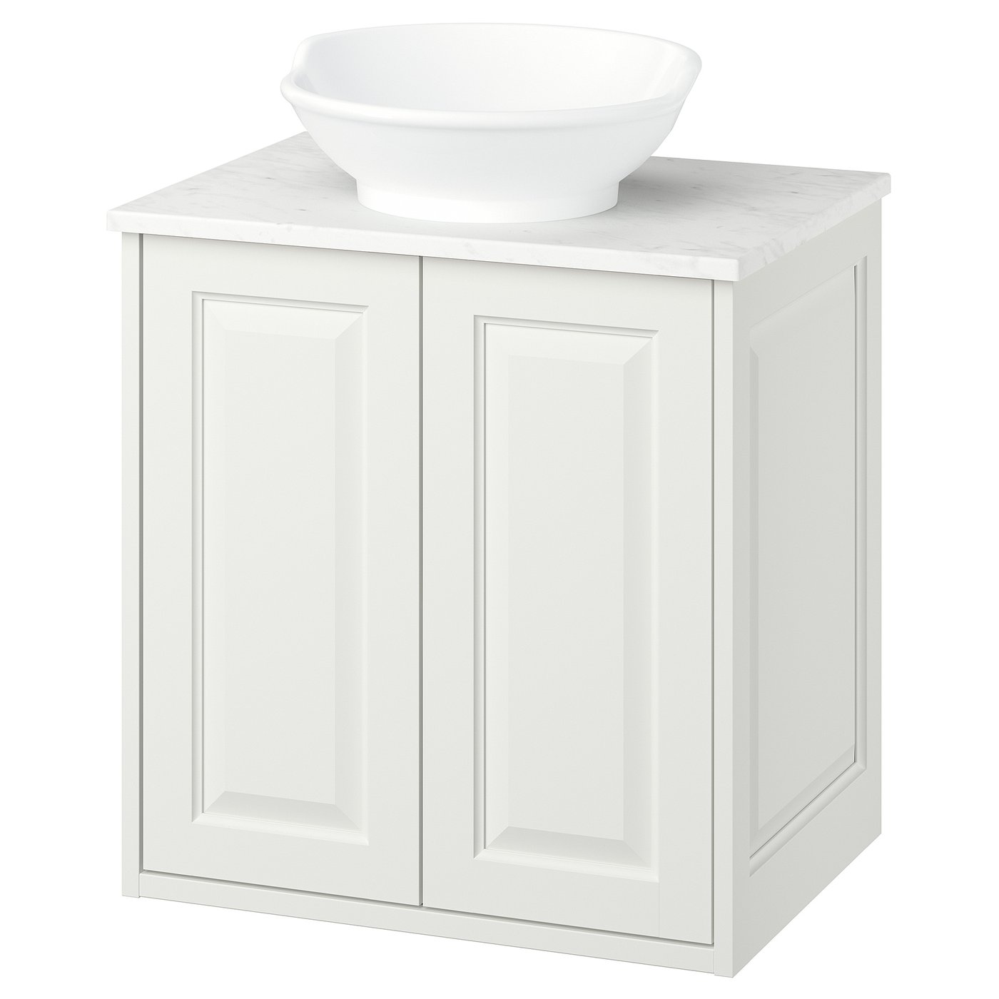 White TÄNNFORSEN bathroom cabinet with marble countertop and bowl sink.