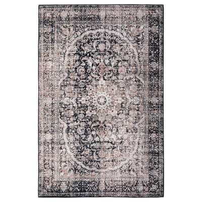 Vintage-style rectangular rug, grey/black flowers, polypropylene & jute base.