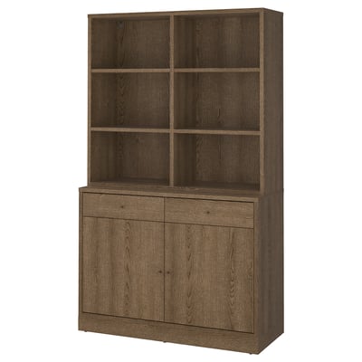 A dark wood TONSTAD storage unit with closed cabinets, open shelves, oak veneer, and soft-close mechanism.
