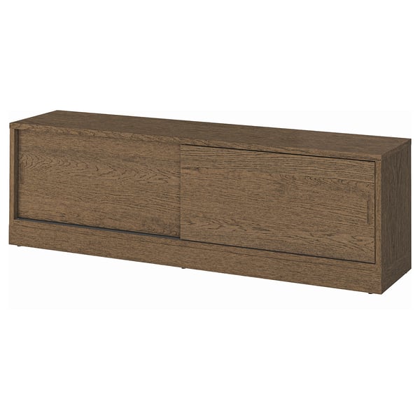 Brown TONSTAD tv bench with brushed wood finish & sliding doors, rectangular.