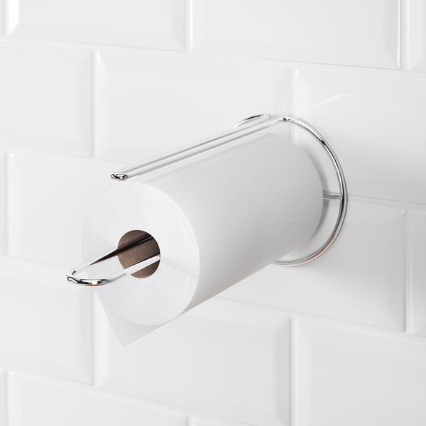 Wall-mounted kitchen roll holder with chrome finish and support bar.