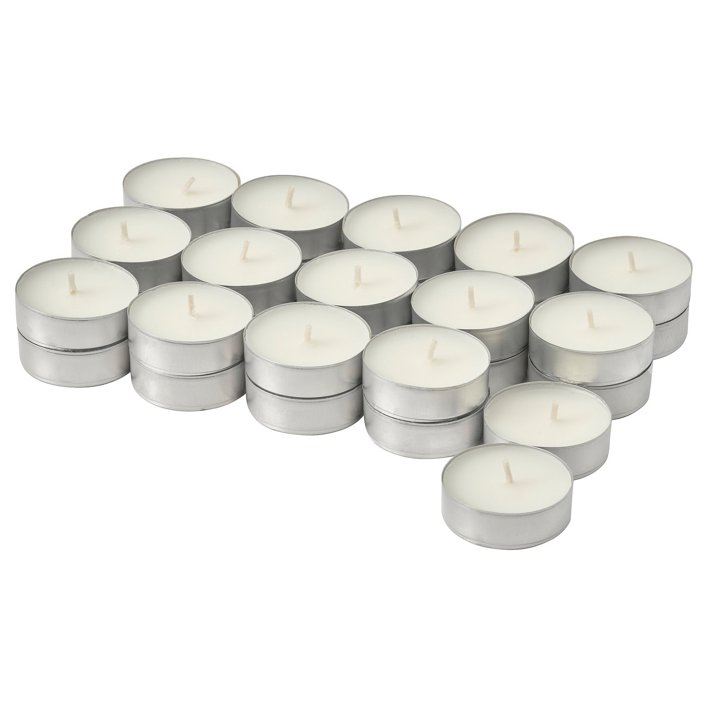 Collection of small, round, white candles in silver metal containers, neatly arranged.