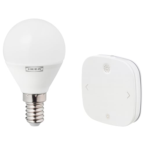 Ikea TRÅDFRI smart led bulb and remote. Bulb is white, spherical, with a silver base. Remote is white, square with light and dimmer symbols.
