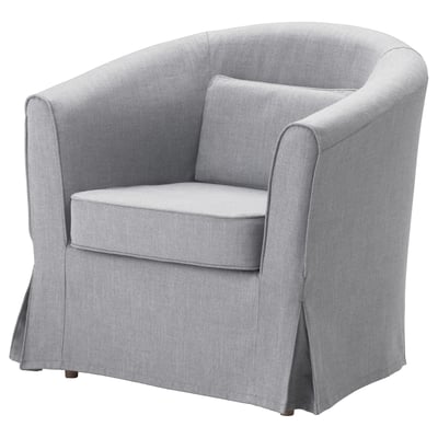 A TULLSTA armchair, light grey, round shape, upholstered fabric, with a cushioned seat and back, fitting small spaces.