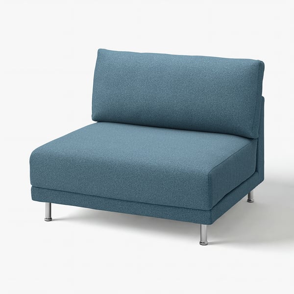 Blue UPPÅKRA sofa, modern design with chrome legs.