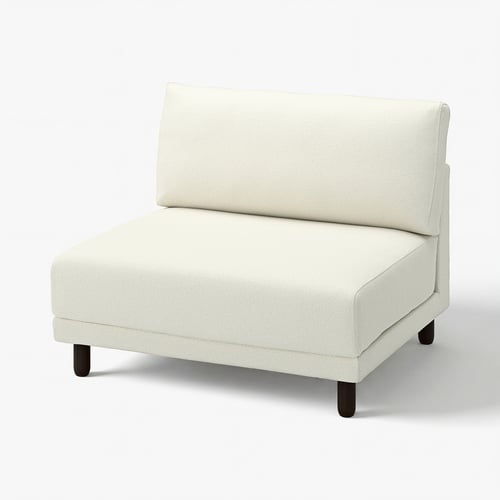 Modern beige l-shaped sofa with clean lines and dark wooden legs. UPPÅKRA brand.