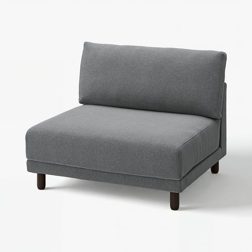 Modern grey l-shaped sofa with wooden legs, soft cushions, and clean lines.