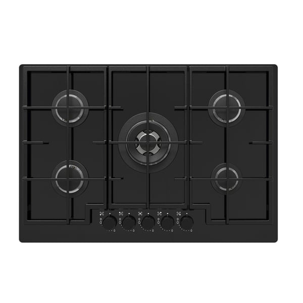 VASASTAN black gas hob, 5 burners, glass surface, cast iron supports.