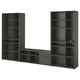 Displays a sleek black VIHALS storage set, featuring shelves and a bench. Its designed for organising and concealing clutter, ideal for living spaces.