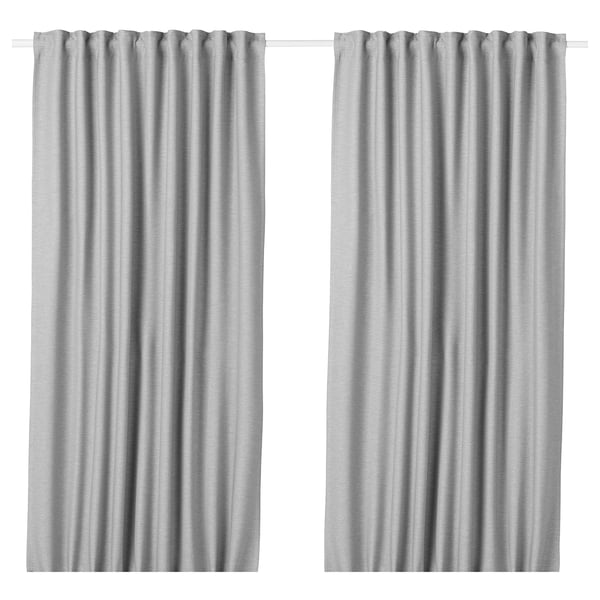 Pair of grey VILBORG room darkening curtains with linear texture, made from recycled polyester.