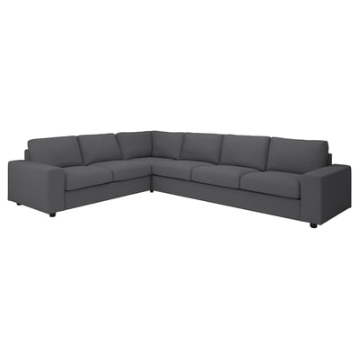 Grey VIMLE sectional sofa, modern minimalist design, l-shape for corner placement, upholstered in soft cotton and polyester fabric.
