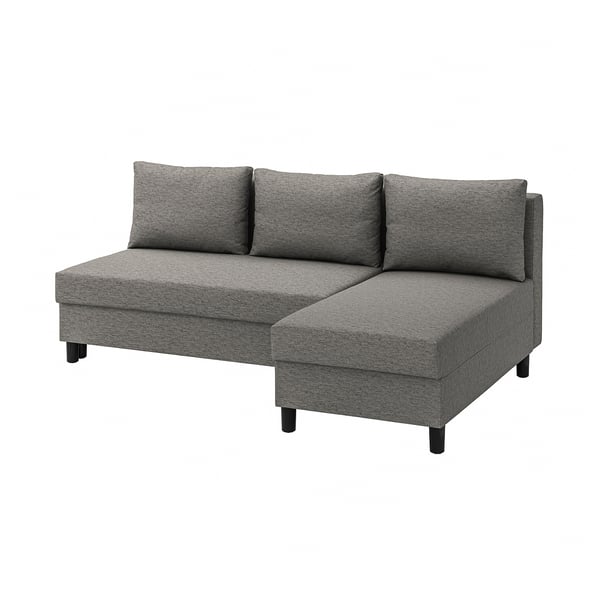 Modernes graues L-förmiges Sofa, gemütlich und wandelbar, mit Stauraum und dunklen Beinen.