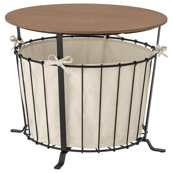 Aesbyn Aufbewahrungstisch: Holzplatte, beiger Stoff, schwarzes Metallgestell; Vielseitig einsetzbares, rustikales Design.