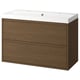 Moderner, wandmontierter brauner Eichen-Badezimmerschrank mit weißem Waschbecken und elegantem Stauraum.