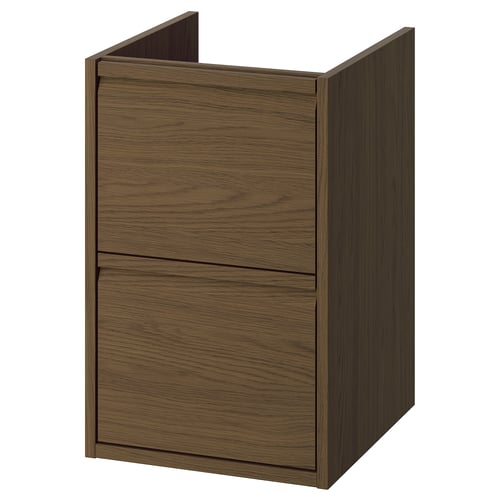 ÄNGSJÖN Badezimmerschrank: braune Eichenholzmaserung, Wandmontage mit Schubladen, modernes minimalistisches Design.