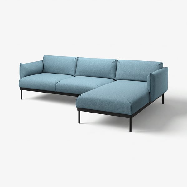 Modernes blaues Ecksofa mit eleganten schwarzen Beinen, geneigt für Komfort.