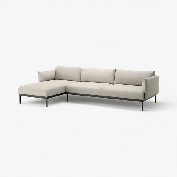 Modernes graues, l-förmiges ÄPPLARYD-Sofa mit schlanken Metallbeinen und schlankendem Design.