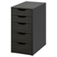 Ein ALEX Schubladenschrank in Dunkelgrau. Es verfügt über fünf Schubladen mit einem schlanken, modernen Design, das aufrecht steht.
