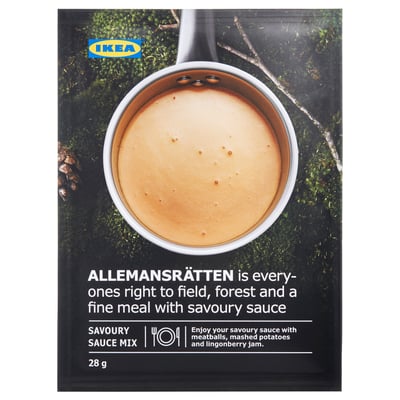 Ikeas ALLEMANSRÄTTEN abgepackte herzhafte Soßenmischung, 28g, abgebildet auf einer Waldkulisse.