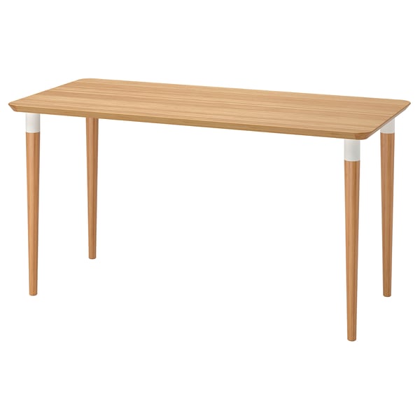 Ein ANFALLARE Schreibtisch, hellbraun mit weißen Akzenten, aus Bambus, rechteckig und schlank im Design.