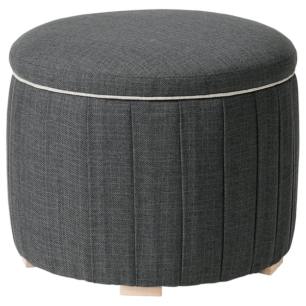 ÅTERLÖGA Hocker: grau, rund, plissierter Stoff, Holzgestell, gepolsterter Deckel, vielseitig einsetzbar.
