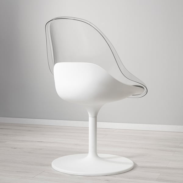 Stilvoller Drehstuhl mit schlichtem, weißem Design. Eine bequeme, schüsselförmige Sitzfläche und Rückenlehne. Perfekt für moderne Essbereiche.