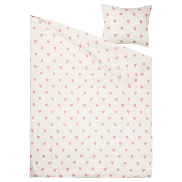 BARNDRÖM Bettwäsche-Set, 2-teilig, Herzmuster weiß/rosa, 150x200/50x60 cm