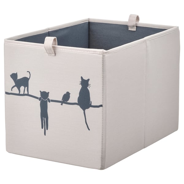 BARNDRÖM Aufbewahrungsbox, beige mit grauem Katzendesign, Stoff, quadratische Form.