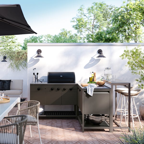 BÅTSKÄR Außenküche mit Gasgrill+Bartisch, dunkelgrau, 220x180 cm