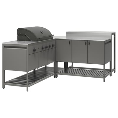 Wunderschönes Außenküchenset, silbernes BÅTSKÄR von IKEA. Beinhaltet Grill, Schränke, Arbeitsplatte und Bartisch. Modernes, Edelstahl-Design.
