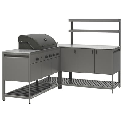 Modernes Außenküchenset. Dazu gehören graue Metallschränke, Arbeitsplatte und Gasgrill. Elegantes Design mit Stauraum.
