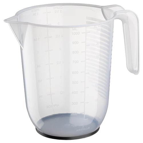 Transparenter Messbecher mit blauen Akzenten und Millilitermarkierungen.