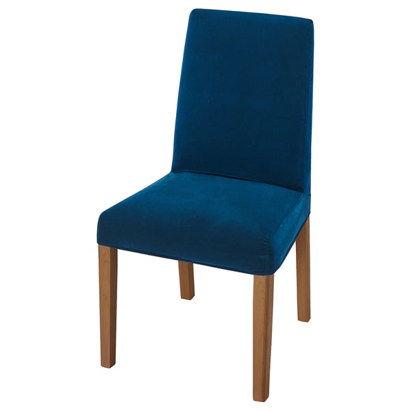 BERGMUND-Stuhl aus blauem Stoff. Bequemes Design mit Holzbeinen und stützendem Rücken. Perfekt zum Essen.