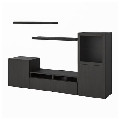 Modernes schwarzes Möbelset: TV-Bank, Regale und Schrank. Klare Linien, minimalistischer Stil.