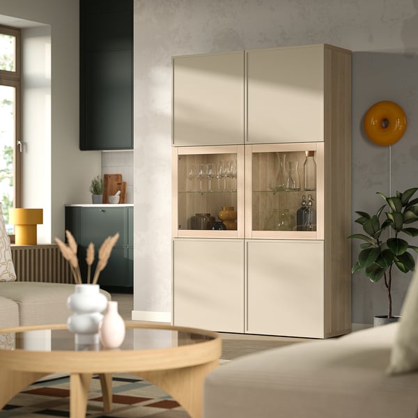 BESTÅ Vitrine, Eicheneff wlas/Krukmakare beige, 120x42x193 cm